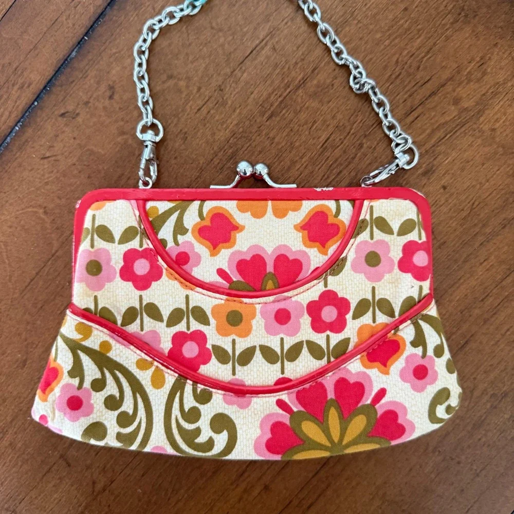Vera Bradley Floral Kiss Lock Clutch Bag Red Patent Trim Detachable Chain Strap